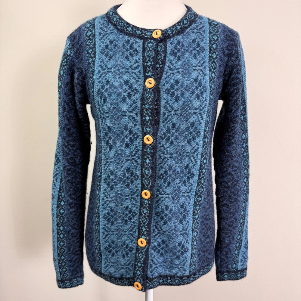 Novica Blue Andean Floral 100% Alpaca Wool Cardigan Sweater Small Made in Peru